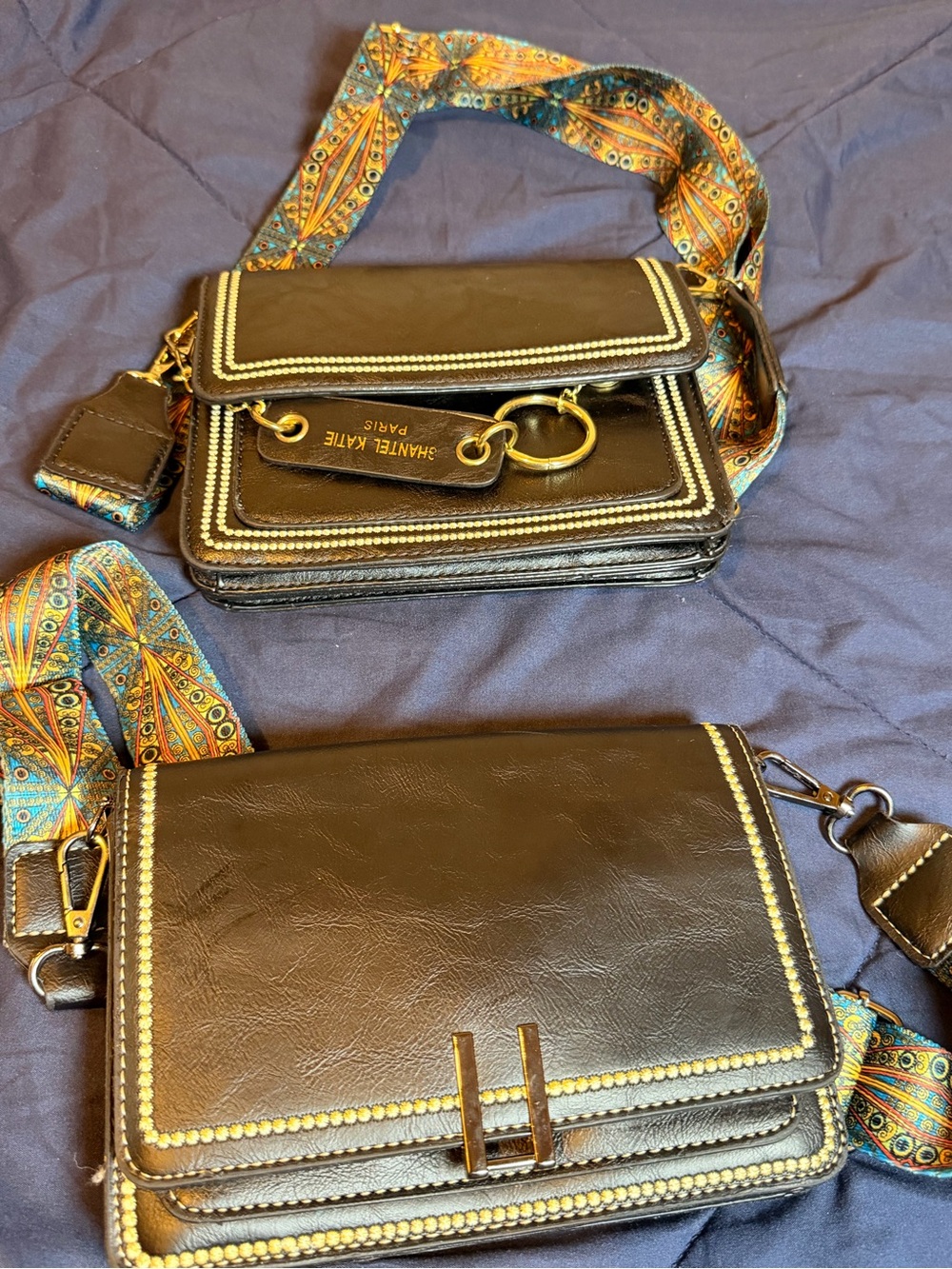 Brown Leather Crossbody Bag with Patterned Strap